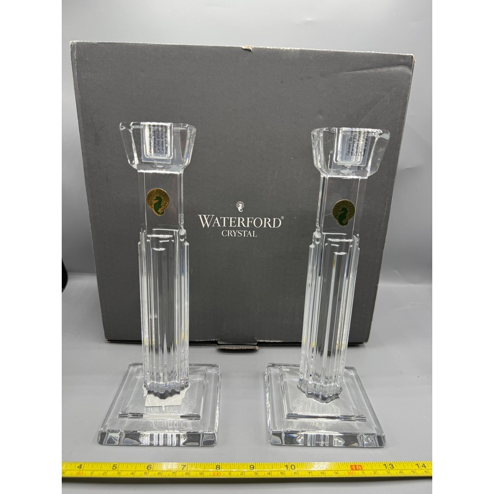 Waterford Crystal Art Deco Metropolis 10" Candlestick Pair 2 NIB Column Gift New